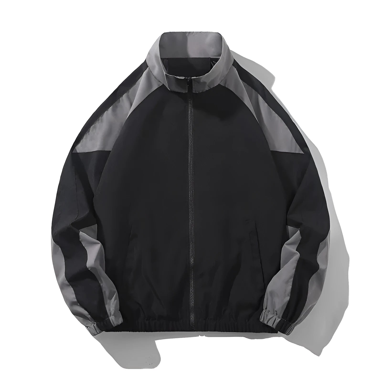 Men's black loose-fit casual jacket with contrast stitching and side pockets for spring and autumn.