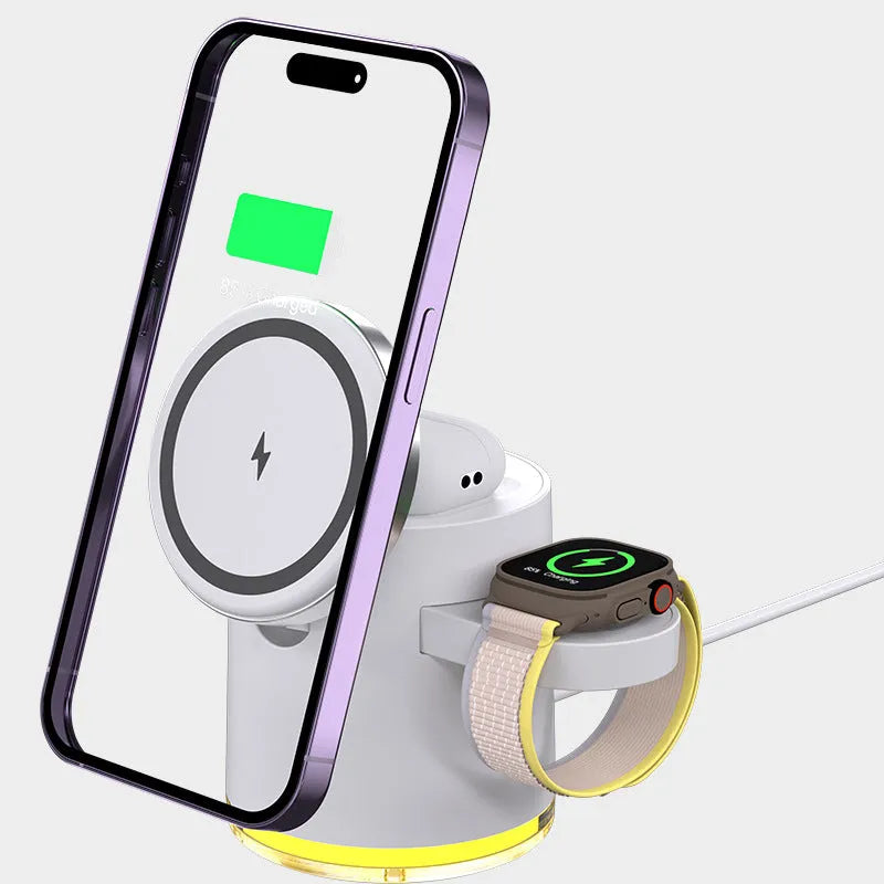 Black Wireless Charger C16 open showing three charging areas for phone, watch, and earphones.
