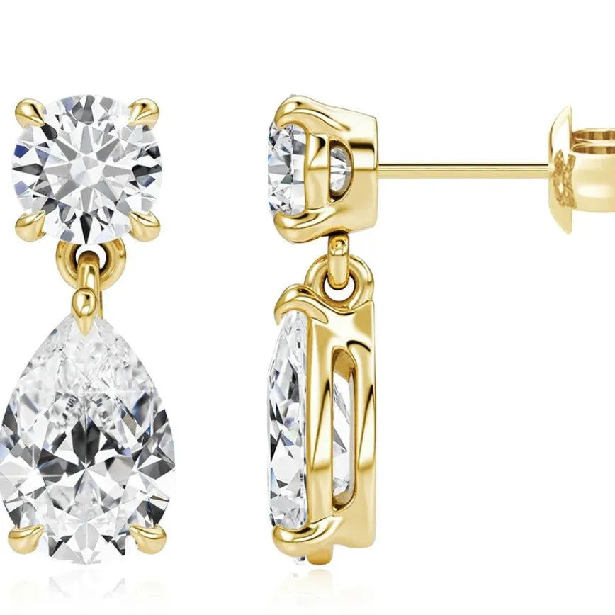 Sterling silver water drop moissanite stud earrings with geometric design in gold finish
