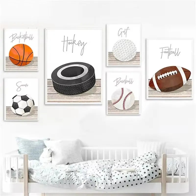 Cartoon ball sports canvas poster with football basketball baseball for children bedroom wall decor