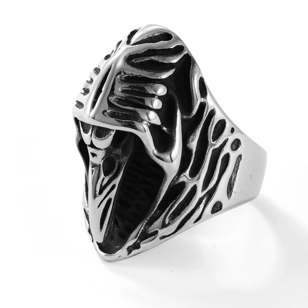 Geometric crow stainless steel ring in MR166 colour on a grey background