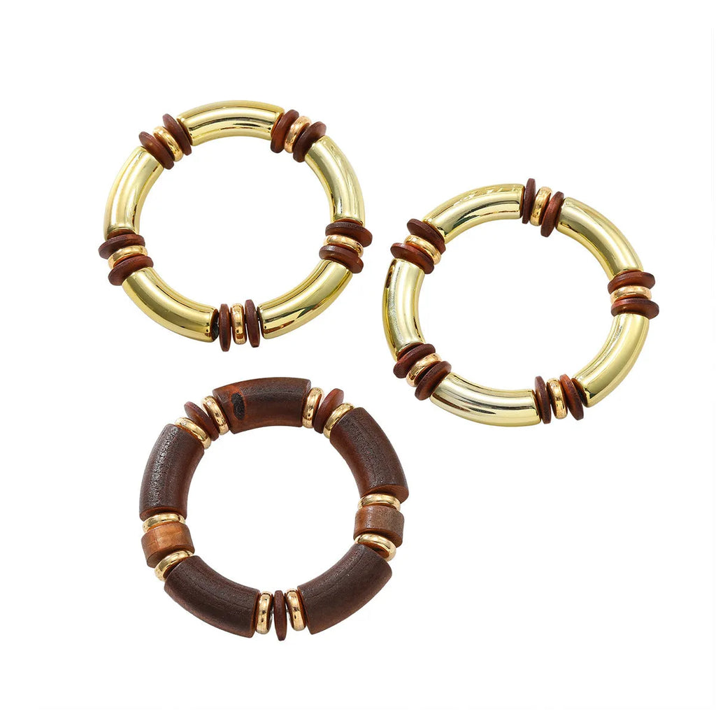 Women's multi-layer wooden necklace and bracelet set with alloy construction and round pendant elements