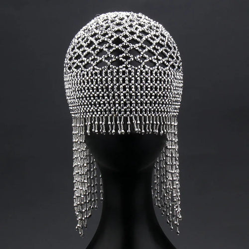 Handmade beaded belly dance hat with alloy construction and long tassels in black or silver