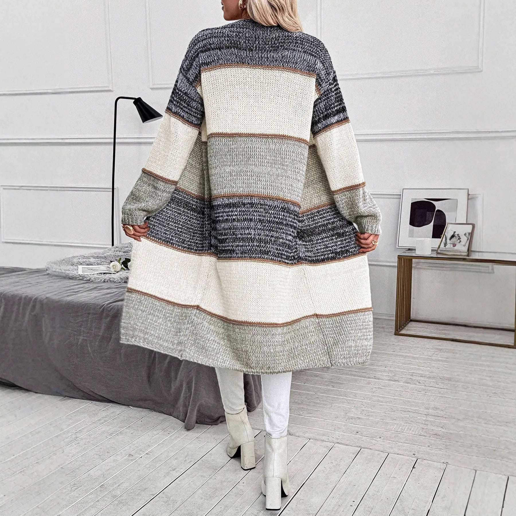 Grey striped women's knitted long cardigan with loose fit and long sleeves
