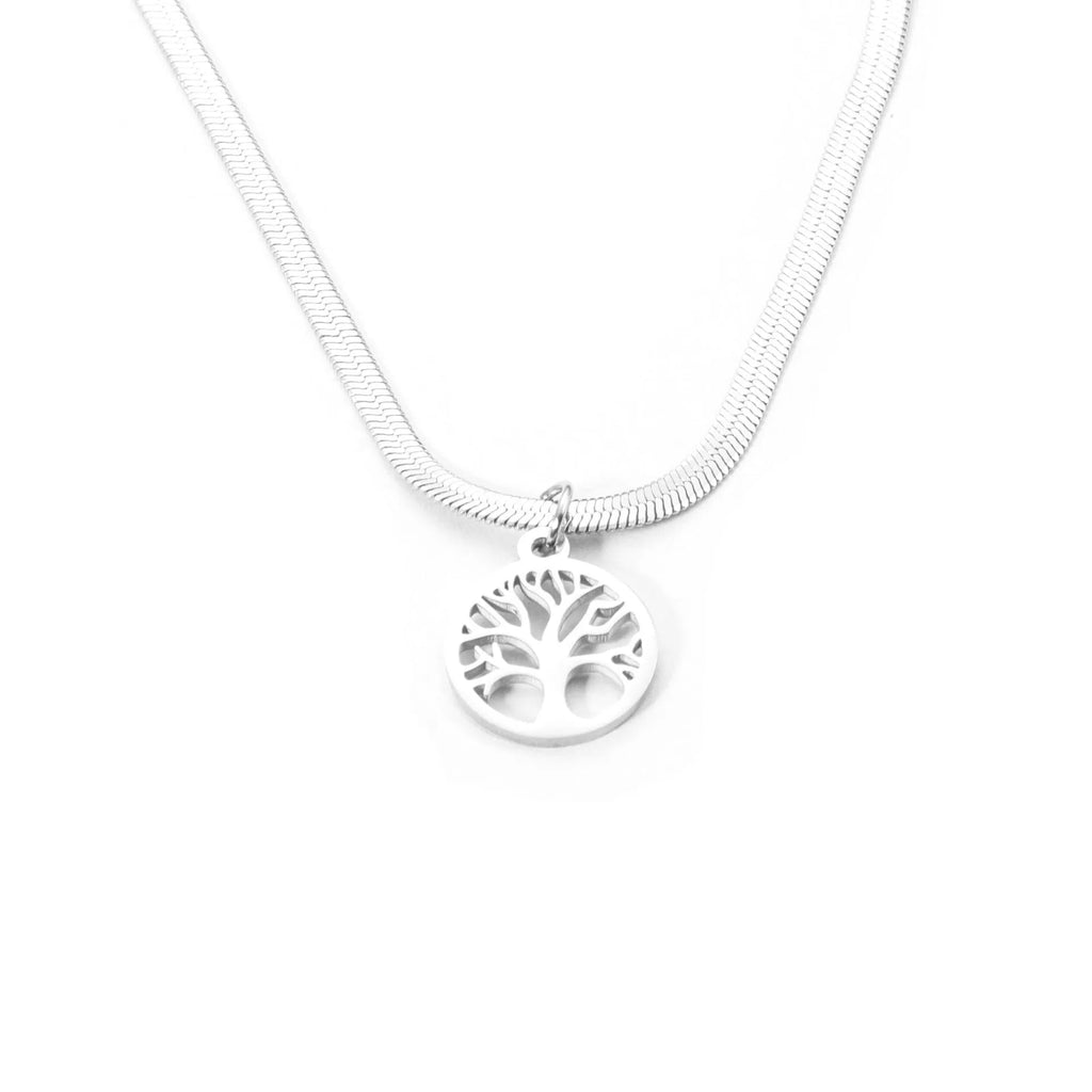 Stainless steel lucky tree pendant on snake bones chain necklace in gold colour