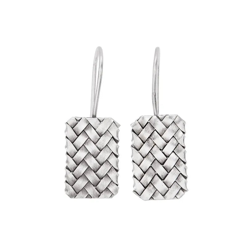 925 silver geometric woven diamond plaid earrings measuring 17.5mm by 11mm