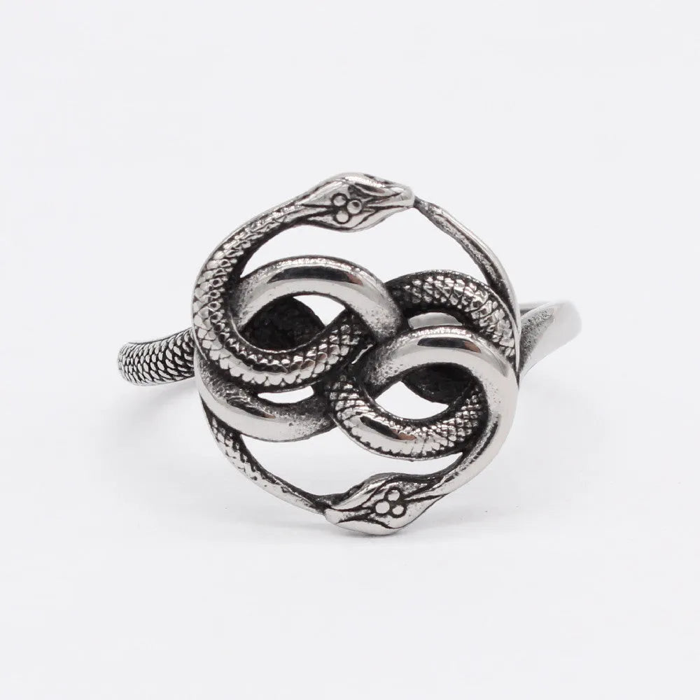 Titanium steel snake ring with double snake cold wind design in steel colour