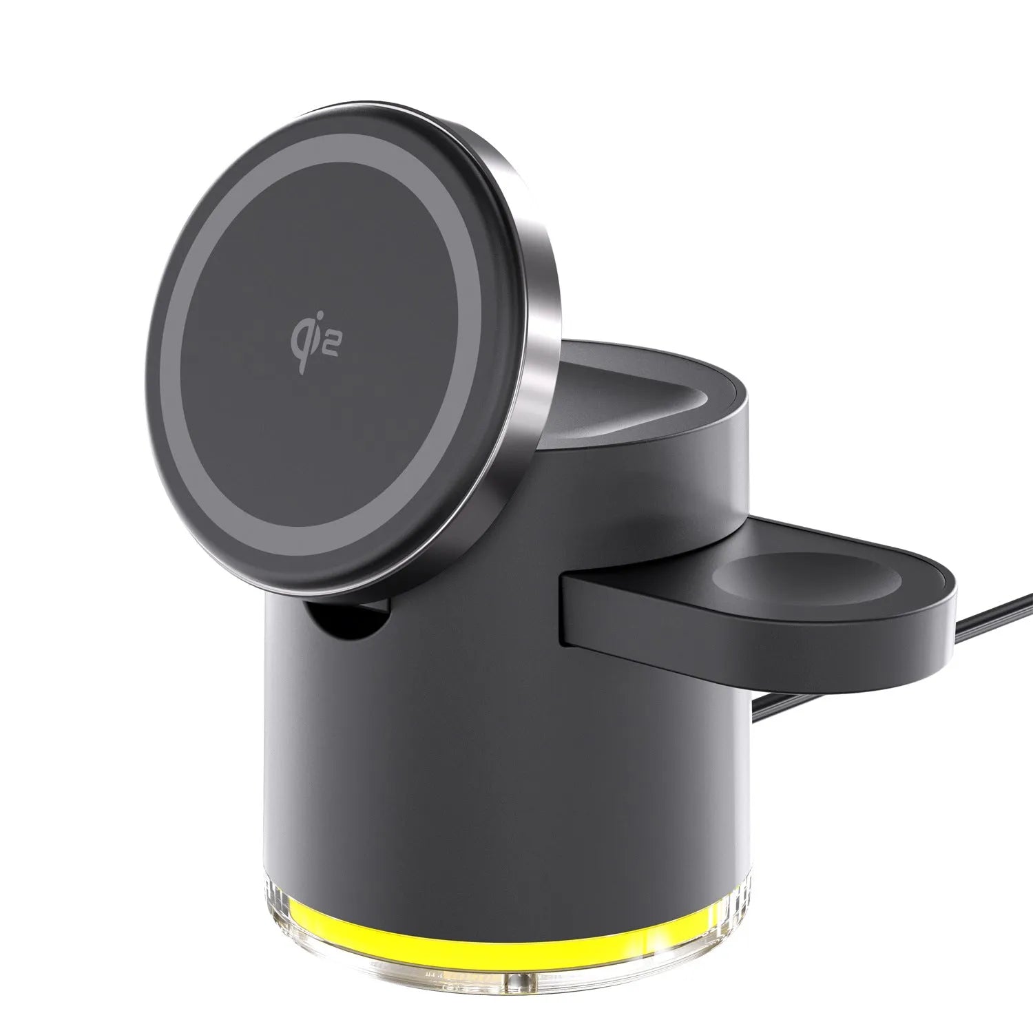 Black Wireless Charger C16 open showing three charging areas for phone, watch, and earphones.