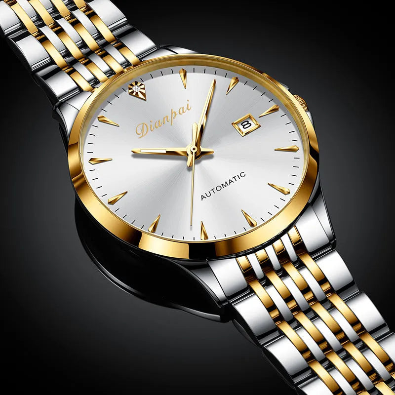 Men's stainless steel automatic watch with simple dial and mineral glass