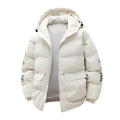 Men's black Korean style hooded coat with letter print and side seam pockets.