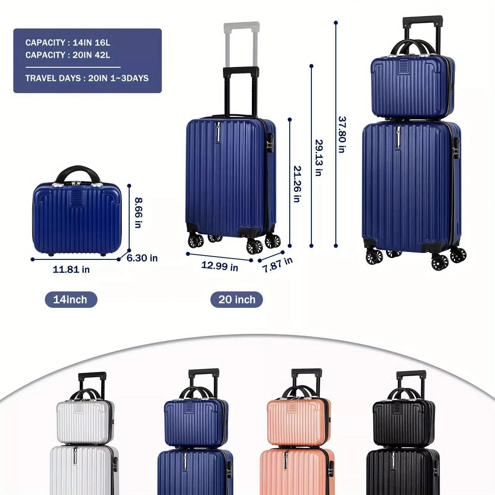 Aluminium alloy luggage travel set showing 14-inch mini box and 20-inch suitcase trunks