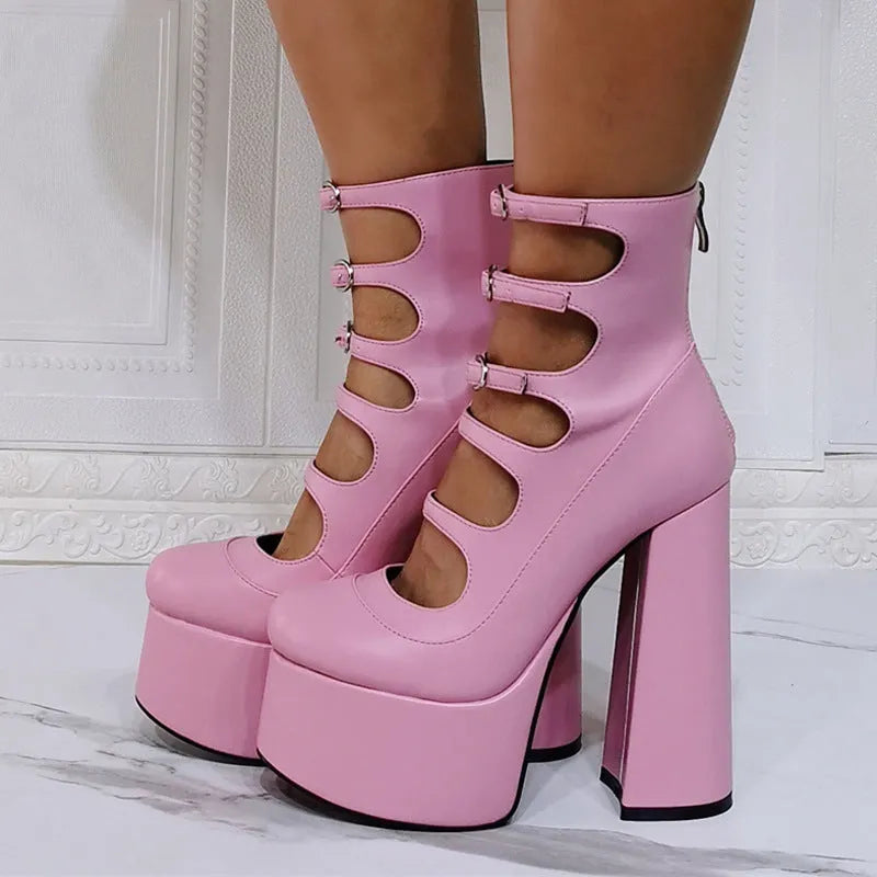 Black patent leather women's platform high heels with a thick 8cm heel and a serpentine ankle buckle strap.