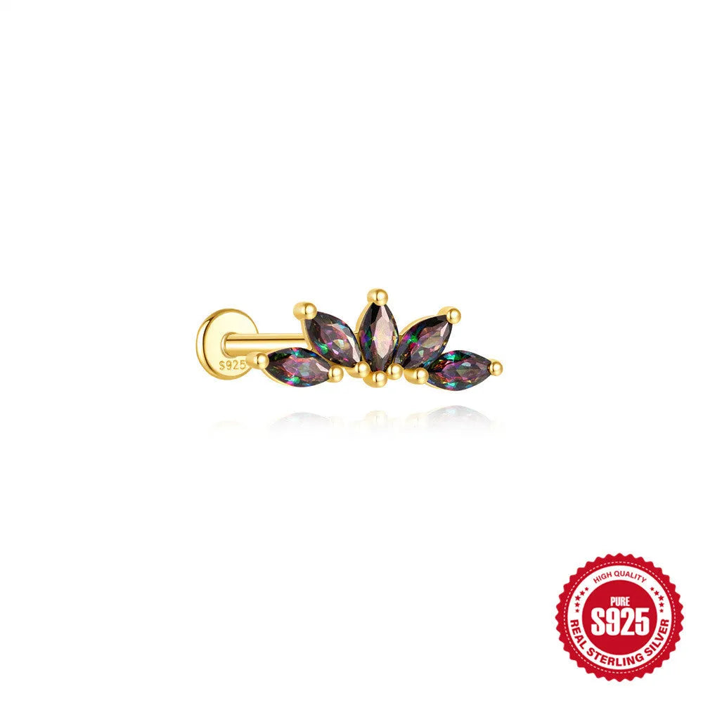 S925 sterling silver threaded ear piercing with super shiny flat head and rainbow stone in a gold colour.