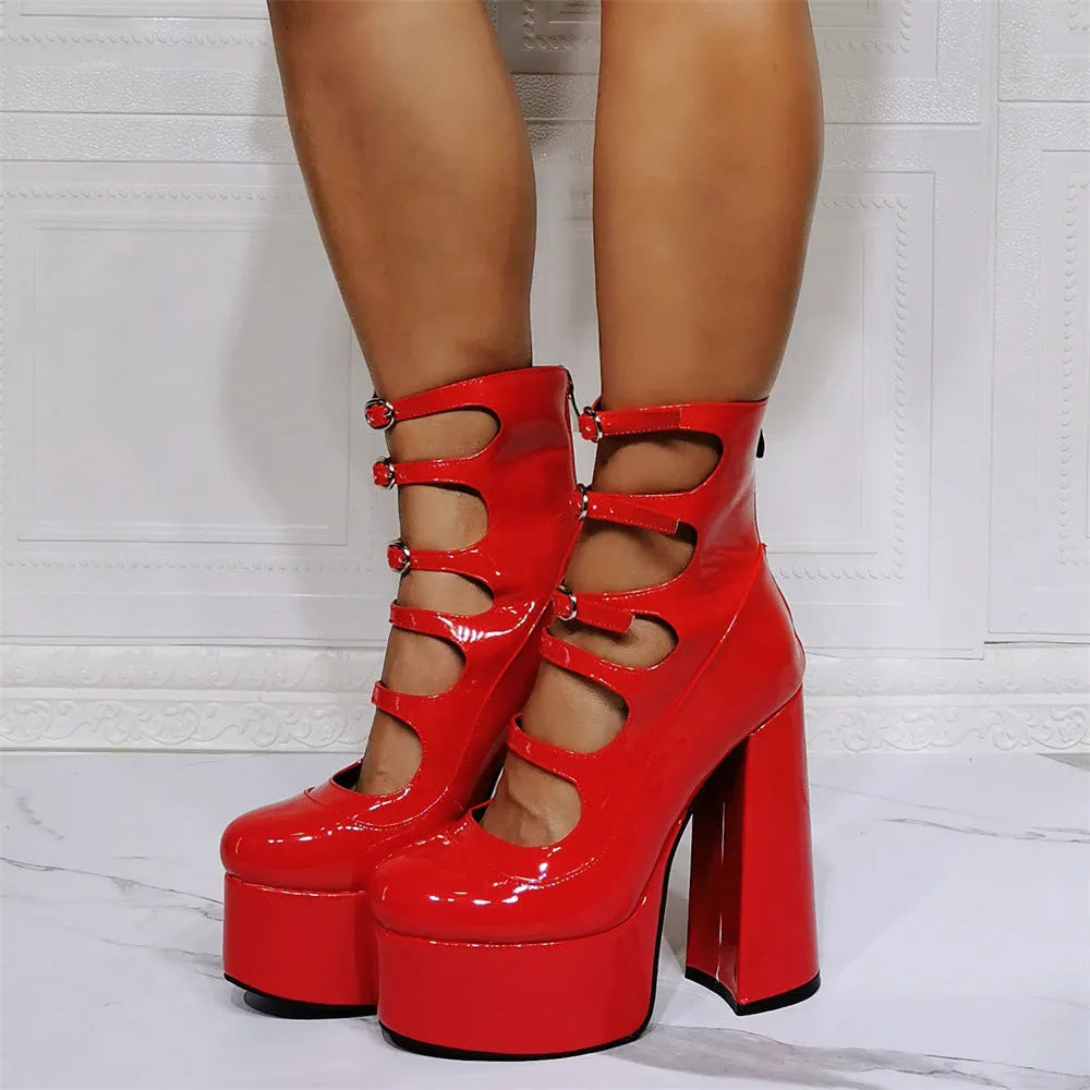 Black patent leather women's platform high heels with a thick 8cm heel and a serpentine ankle buckle strap.