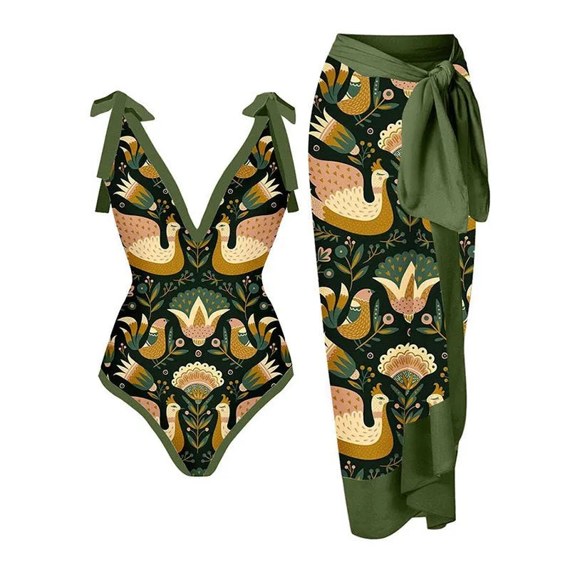 Women's solid colour one-piece swimsuit with spaghetti straps and a detachable skirt.