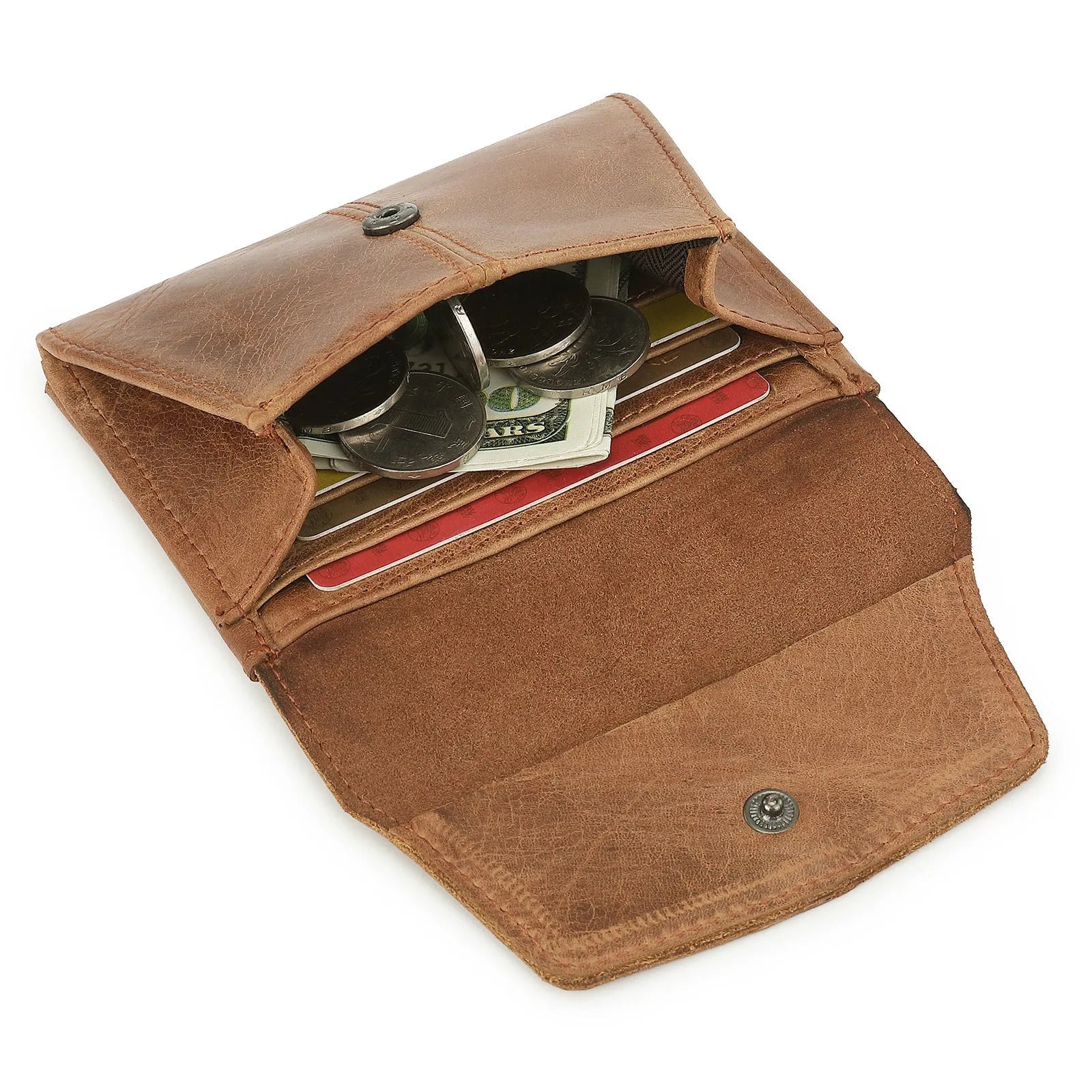Brown genuine cowhide leather coin purse with visible stitching and a metal lock closure.