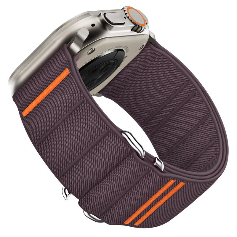 Elastic nylon sports watchband with stainless steel buckle for Apple Watch, shown in multiple colour options.