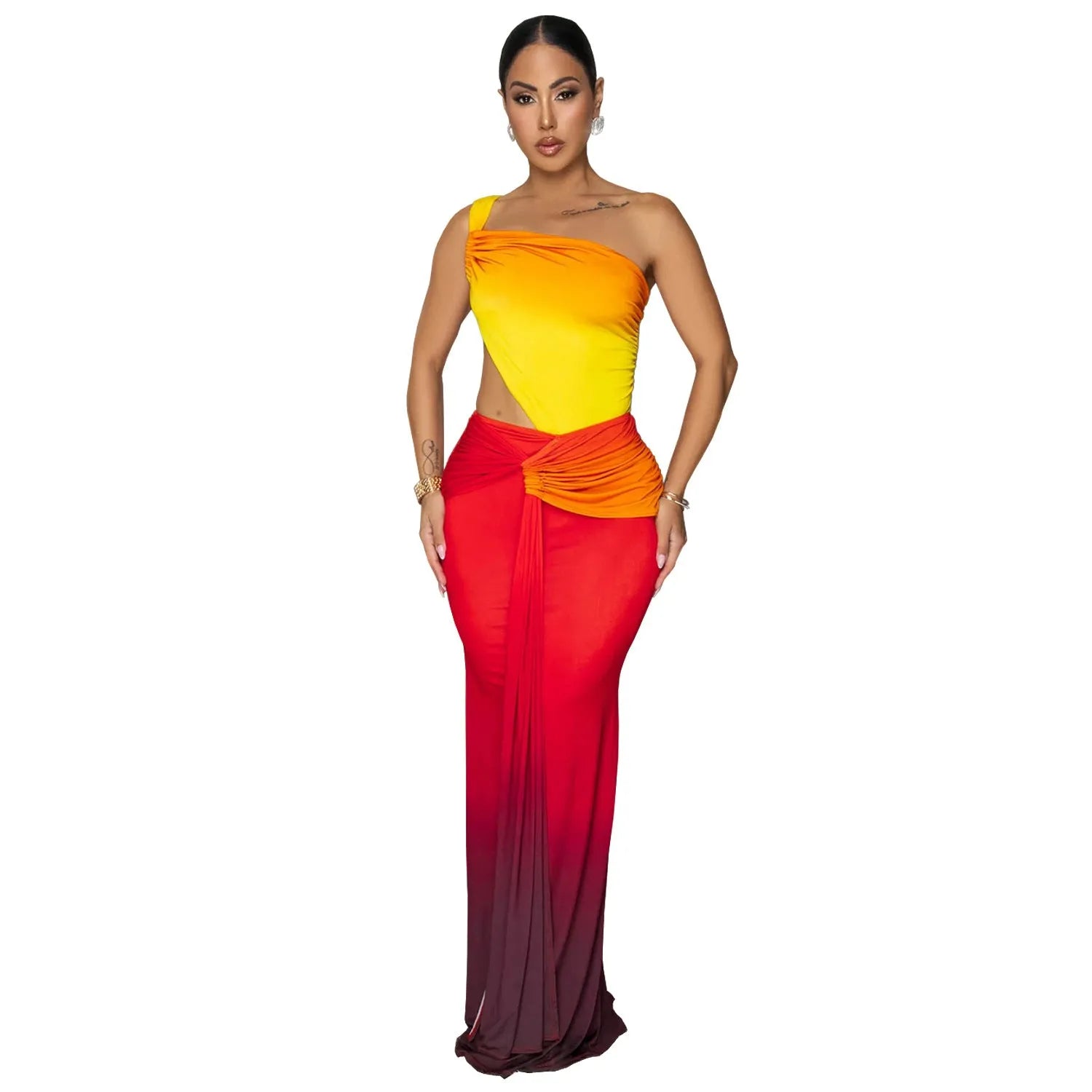 Long gradient-colour summer dress with oblique shoulder neckline and sleeveless design on a mannequin.