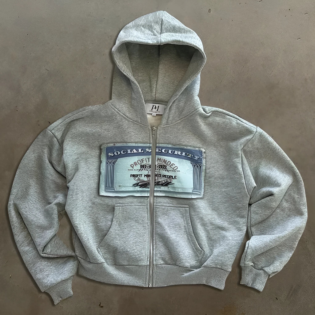 Black loose fit zip-up hoodie jacket with a letter pattern and zipper pockets for men and women.