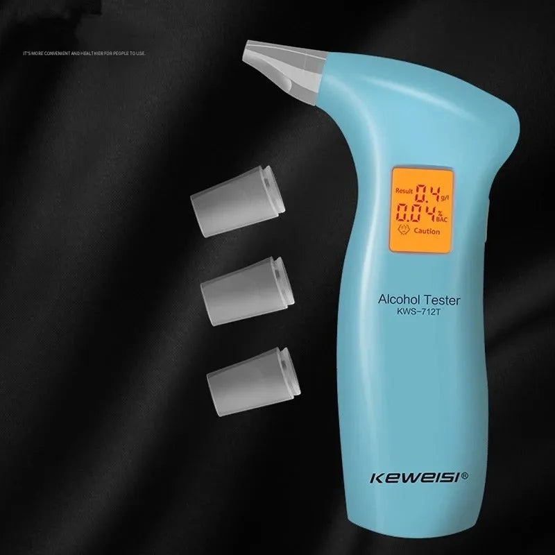 Portable orange light breath alcohol tester with replaceable mouthpieces in orange and grey case