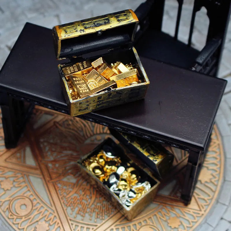 Alloy gold coin treasure box miniature accessory with gold bars and ingots for doll house displays