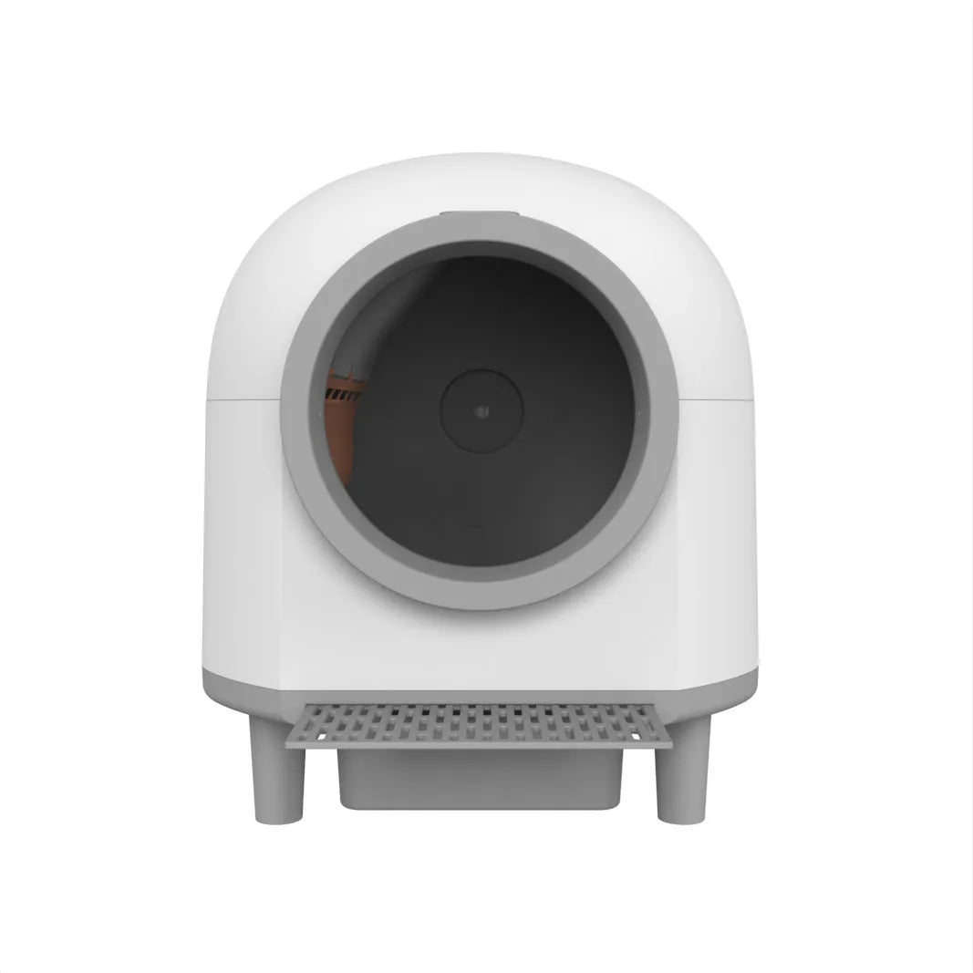 White automatic enclosed cat litter box with dimensions 55.6cm x 51.2cm x 59cm.
