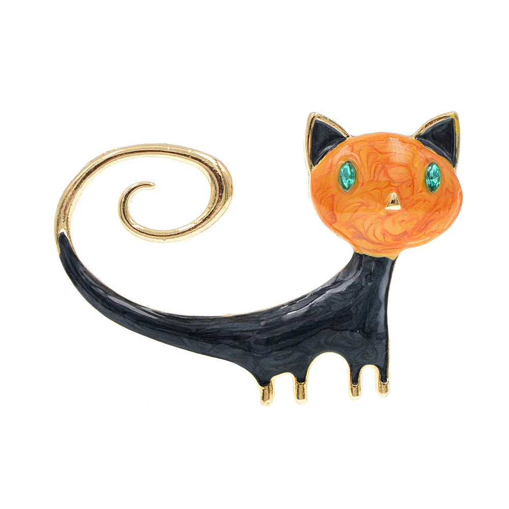 White and orange alloy cat brooch with a painted tailing up kitty design.