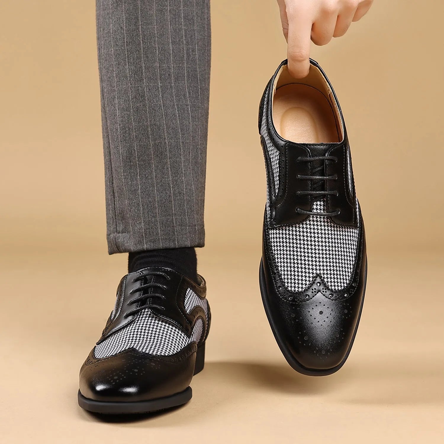 Men's black houndstooth plaid casual shoes with square toe and lace-up front.