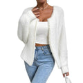 White women's V-neck cardigan sweater with medium thickness polyester knitwear