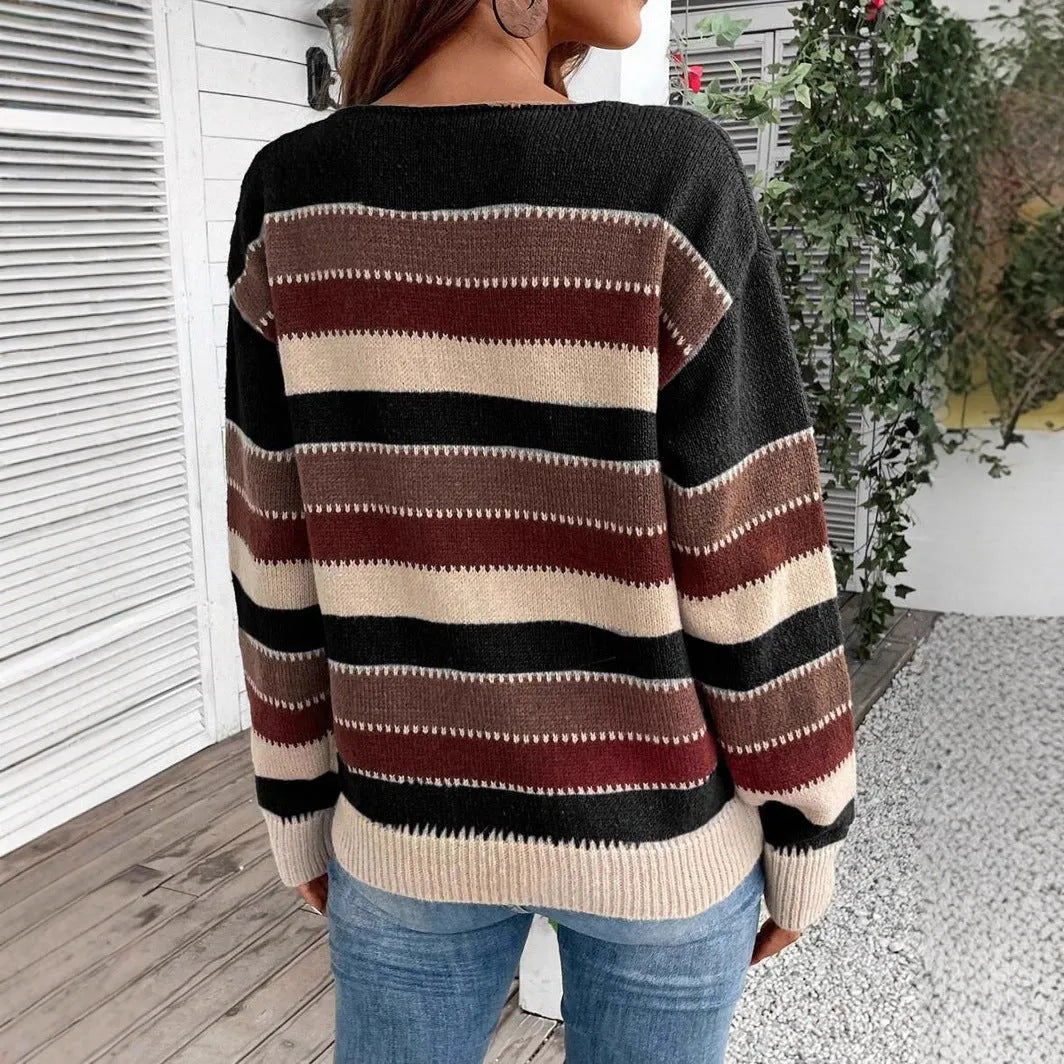 Women's colourblock striped polyester pullover sweater with long sleeves