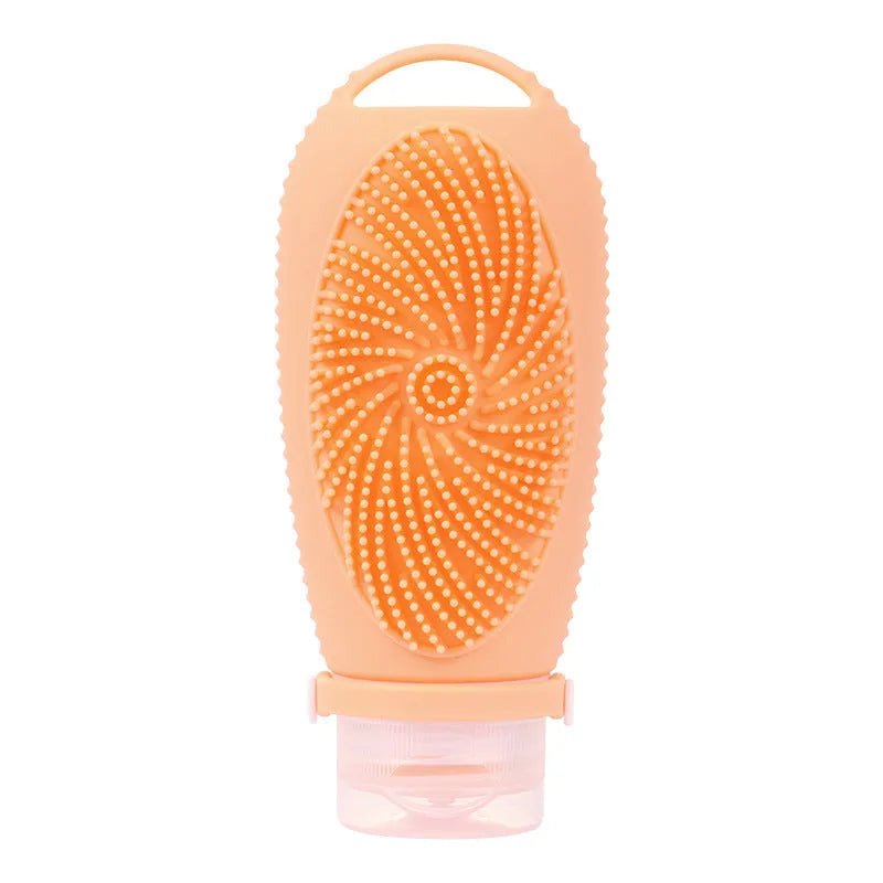 Silicone bath brush storage bottle in a selection of colours including pink, orange, and light grey.