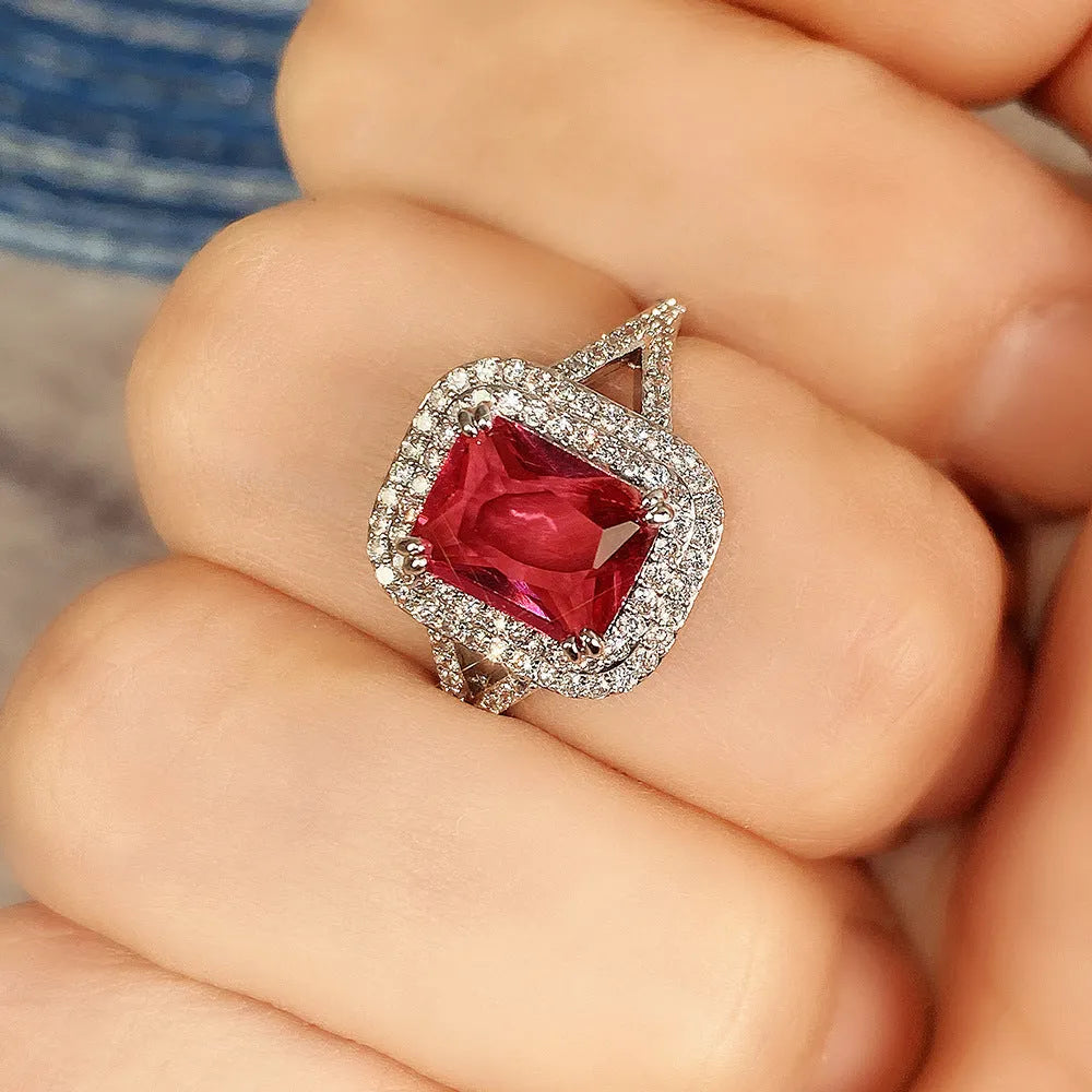 Copper square princess ring with F827 red rhinestone on women's hand geometric jewellery