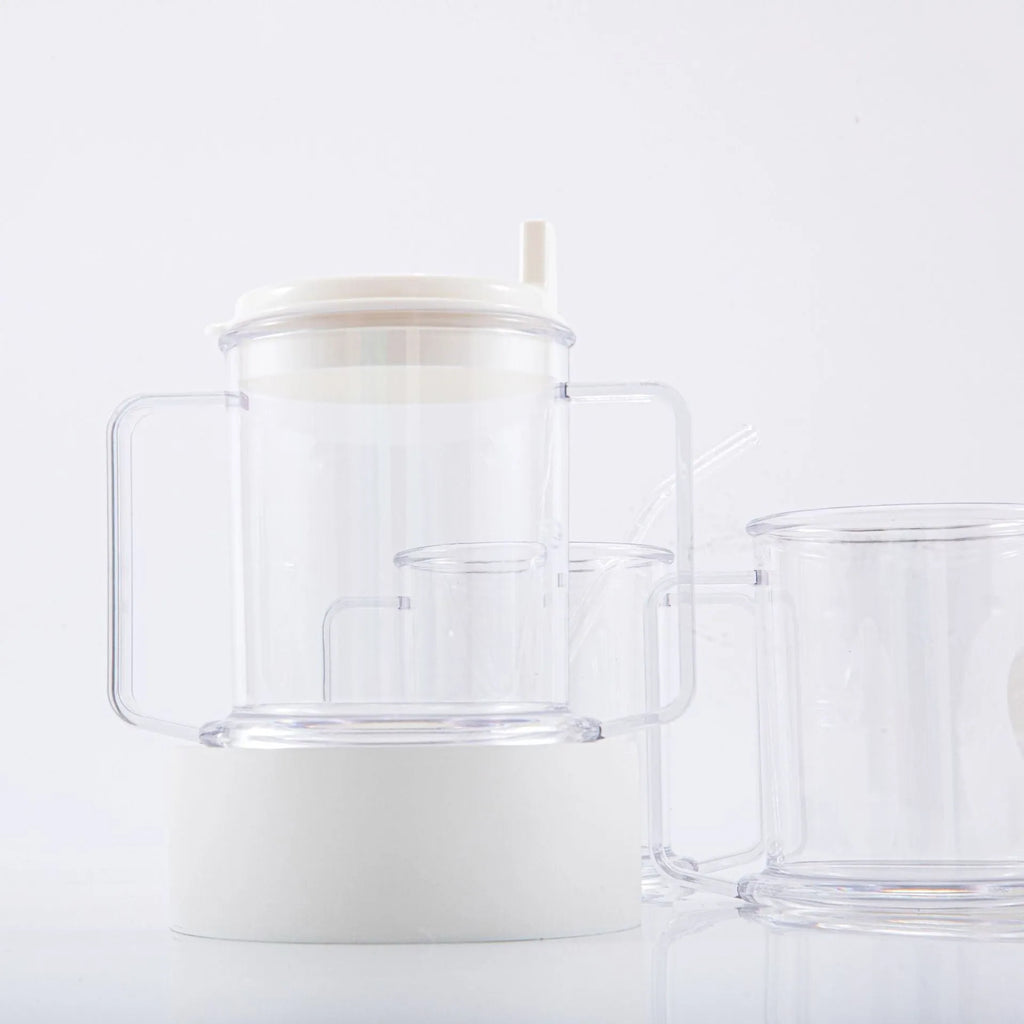 Transparent spill-proof drinking cup with modern design showing dimensions