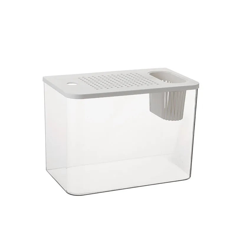 Black and white plastic betta fish tanks with lids, showing compact rectangular design.