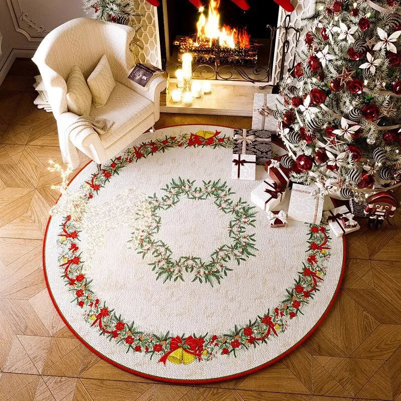 Round Christmas carpet with velvet pile in seasonal red colours on living room floor