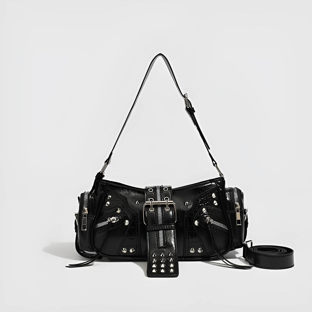 Black retro dumpling-shaped women's shoulder handbag in oil wax PU leather with external pocket.