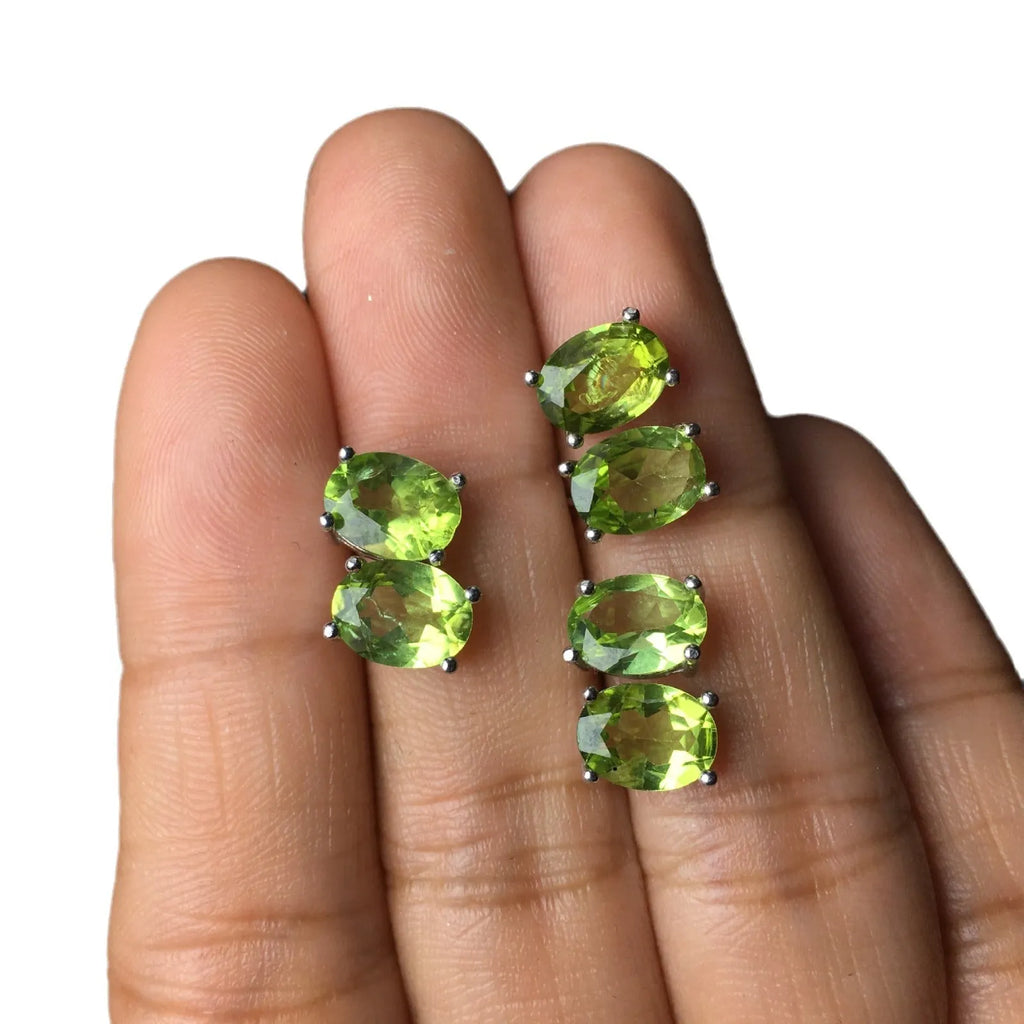 Grass green natural olivine faceted stud earrings in S925 sterling silver with 6×8mm oval stones