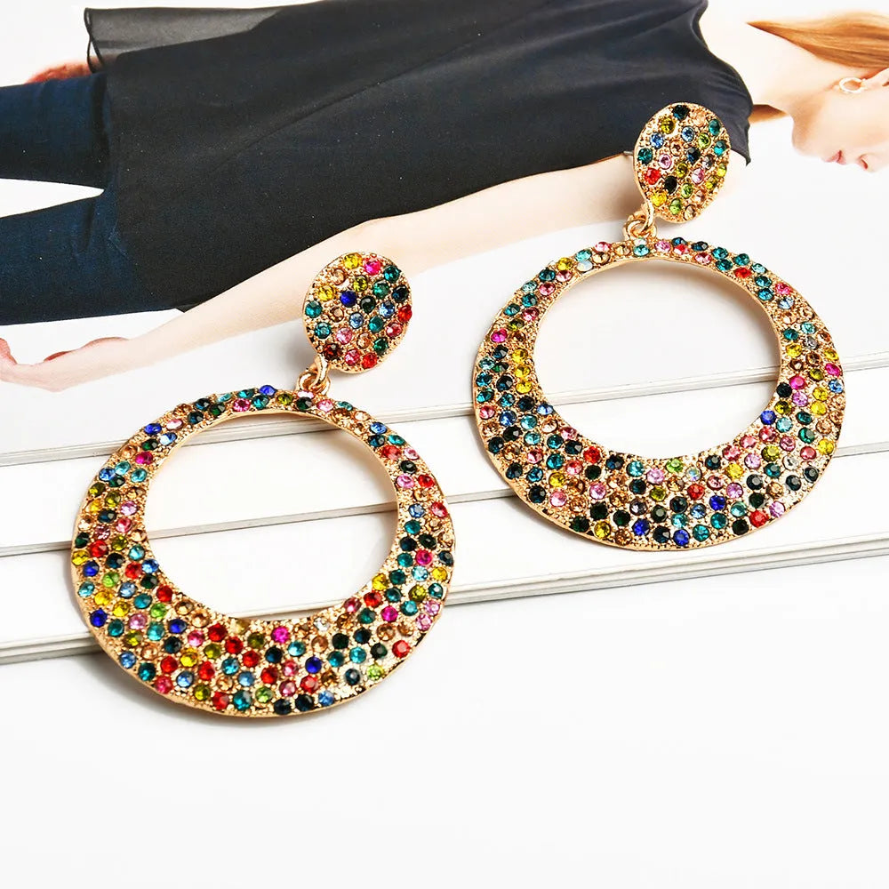 Colourful alloy metal large round pendant earrings with diamond design for women