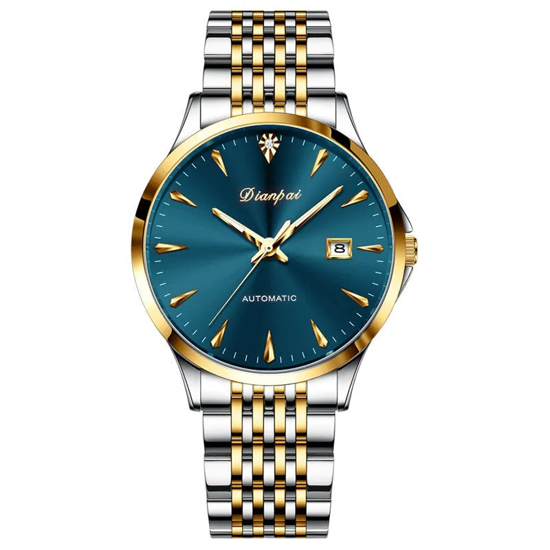 Men's stainless steel automatic watch with simple dial and mineral glass