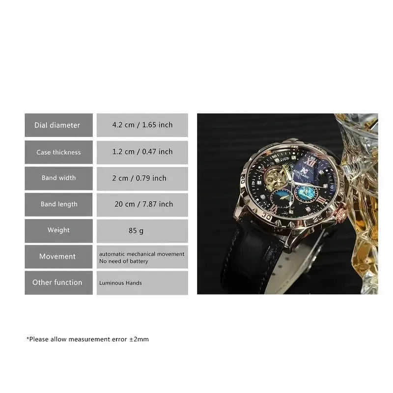 Men's black automatic mechanical watch with rose gold case and hollow dial showing movement