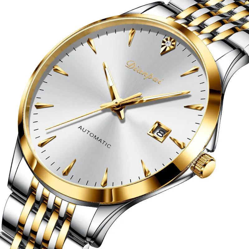 Men's stainless steel automatic watch with simple dial and mineral glass