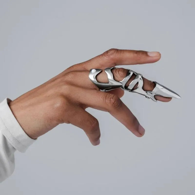 Silver punk armour fashion ring made from alloy, shown as a single finger cover.