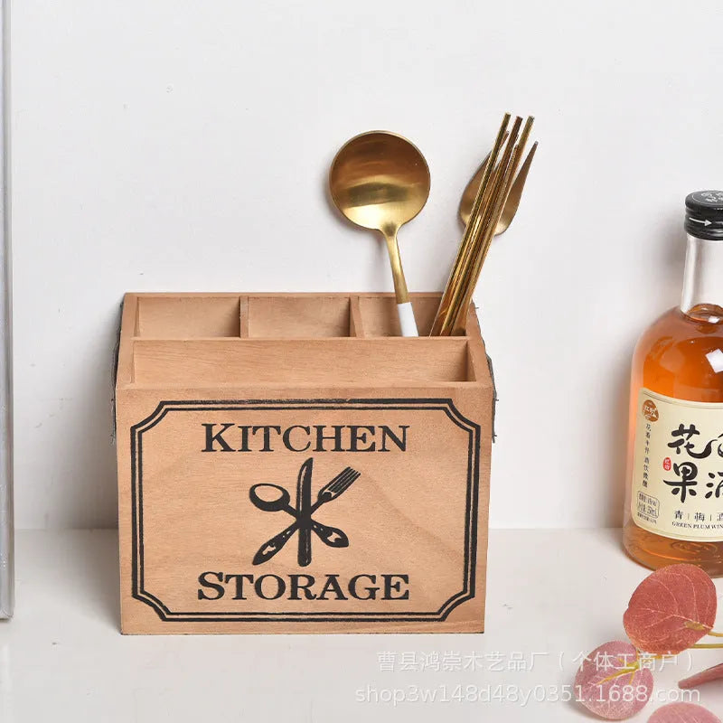 Wooden kitchen storage box with internal grid for knives forks chopsticks organisation
