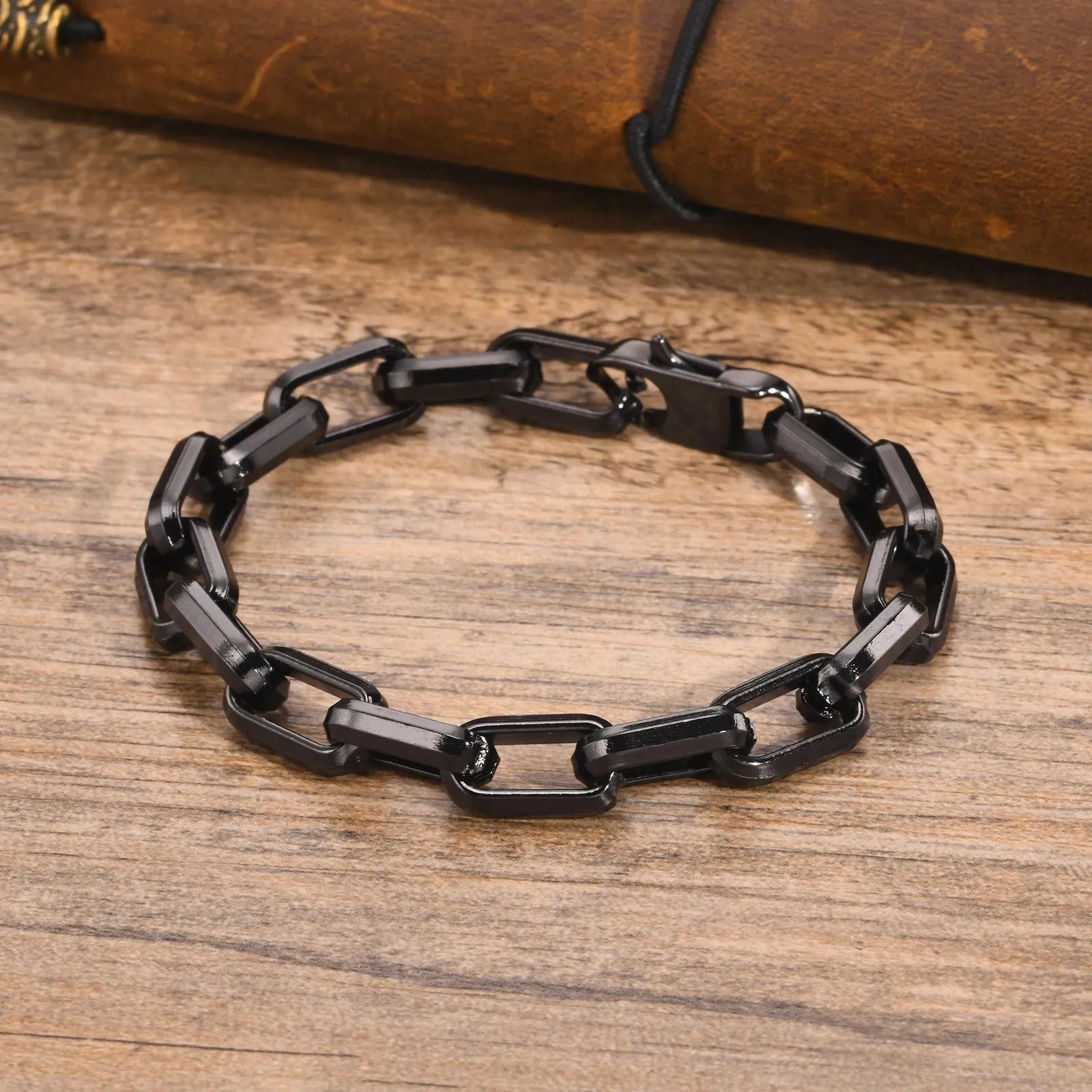Men's titanium steel square link bracelet in electroplated black finish with geometric design