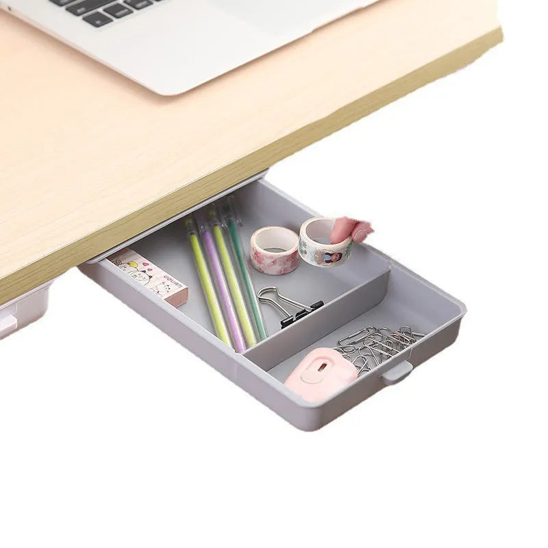 Plastic storage box with adhesive base for mounting under a table