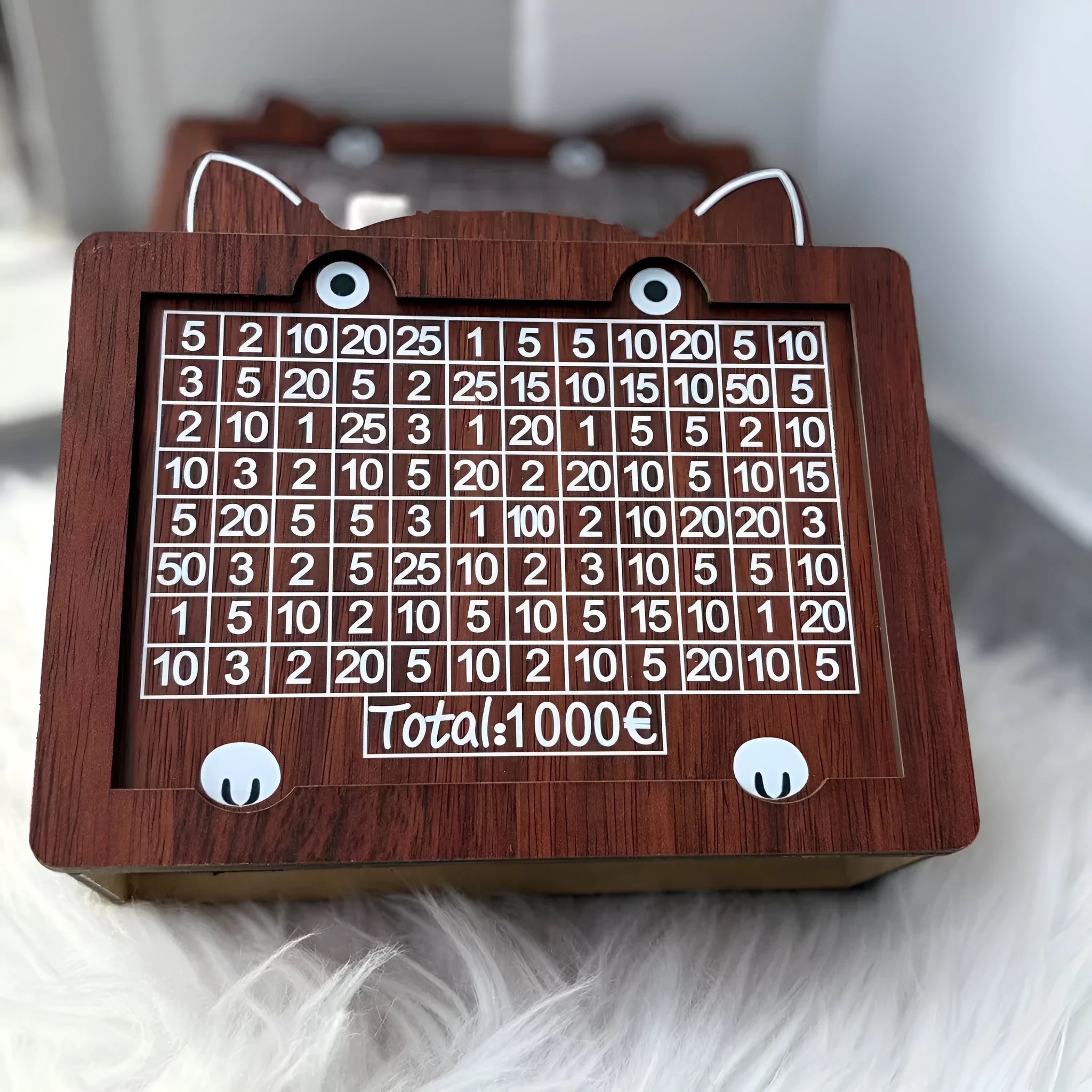 Wooden digital coin bank with retro design showing multiple currency theme options