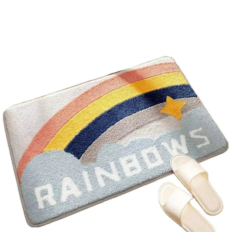 Square cashmere carpet floor mat with rainbow sky sea pattern and plastic bottom
