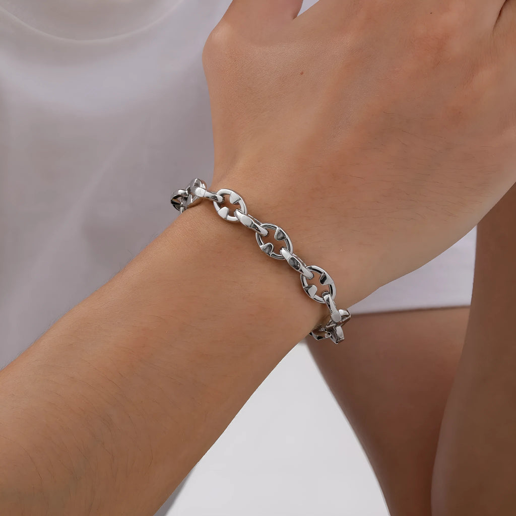 Handmade stainless steel geometric link chain bracelet in steel colour
