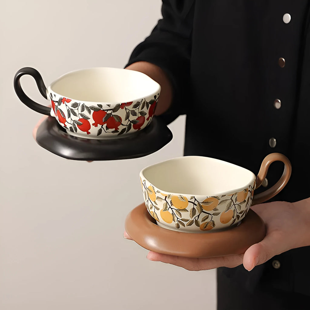 Medieval style ceramic coffee cup and saucer set in black or orange colour with 210ml capacity
