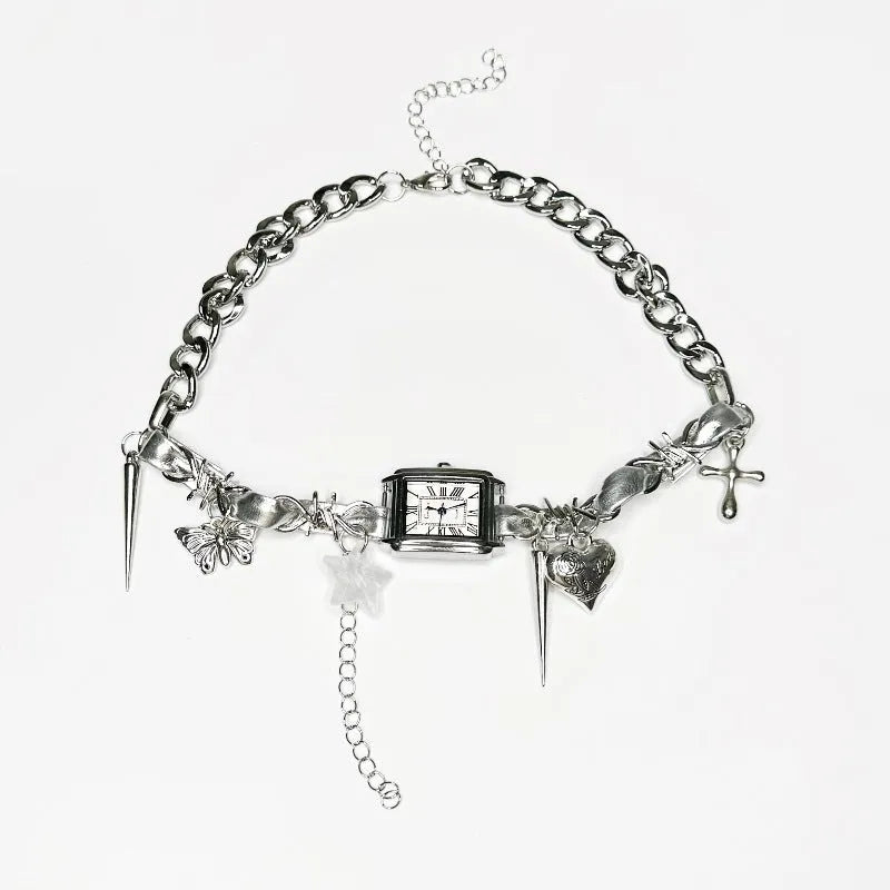 Dark women's multi-layer cross necklace with twin clavicle chains and adjustable 41-50cm length